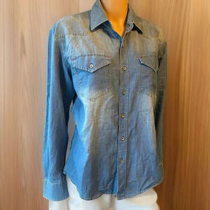 Y2K Kaka Chambray Blue Women's M Shirt Button Up Denim Long Sleeves Western